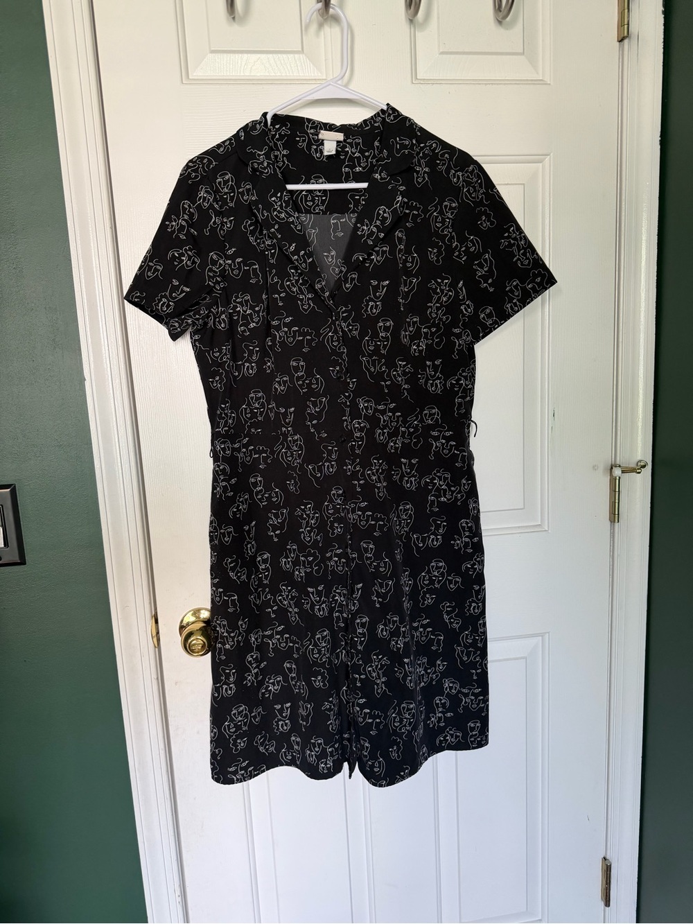 a new day Black Short-Sleeve V-Neck Button Up Dress with White Line Face Print
